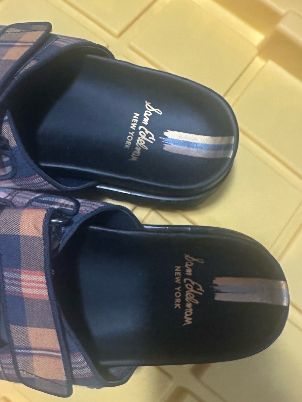 Sam Edelman Black Footbed Plaid Slide Sandals